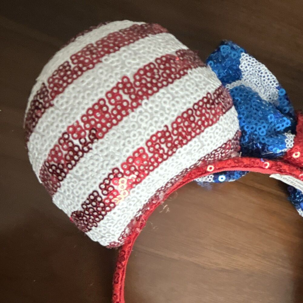 Disney Minnie Mouse USA Sequined Ears Bow Headband Striped Red/White/Blue - Picture 9 of 16